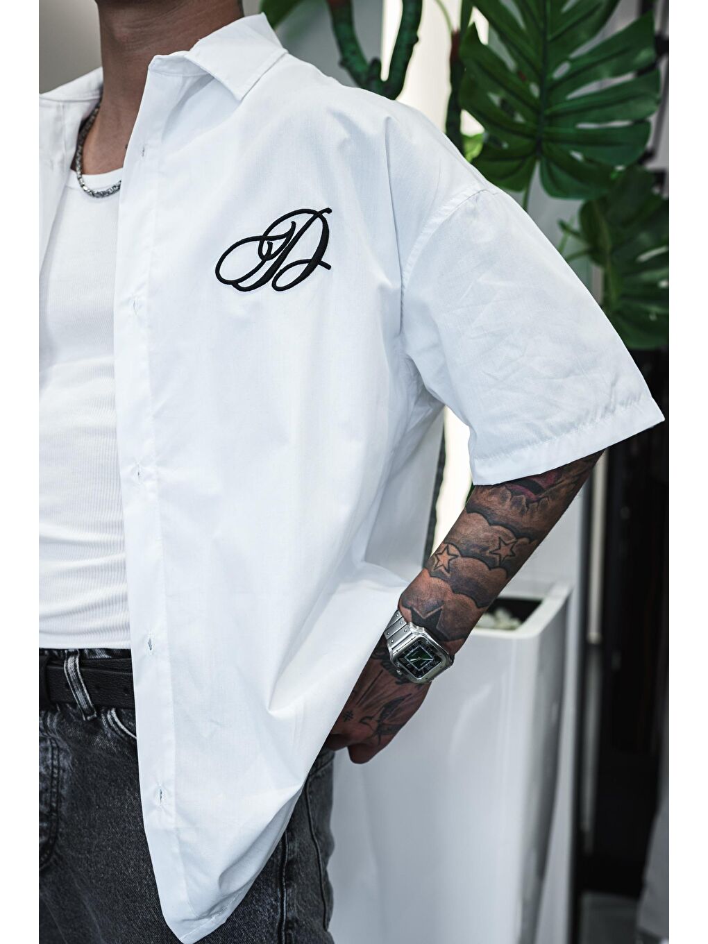 Erkek Nakışlı Kısa Kollu Oversize Gömlek Beyaz-2