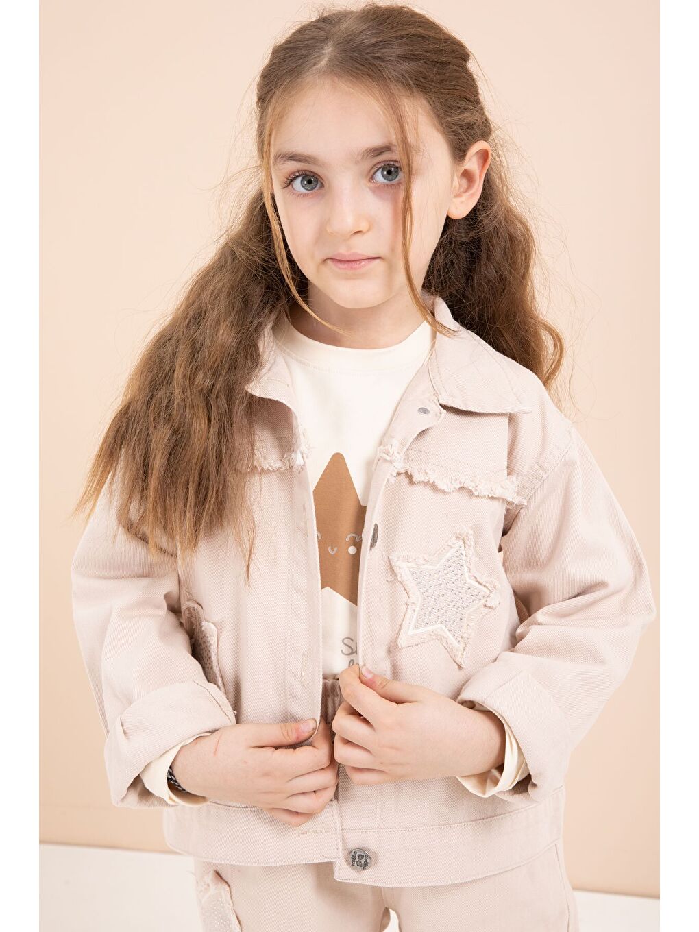 Bej Taşlı Yıldız Nakışlı Jean Ceketli 3lü Pantolonlu Kız Takım 23438-1