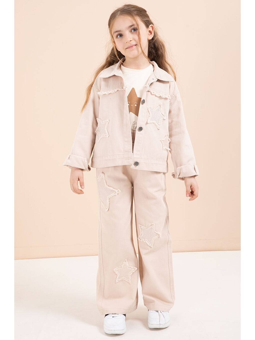 Bej Taşlı Yıldız Nakışlı Jean Ceketli 3lü Pantolonlu Kız Takım 23438-2