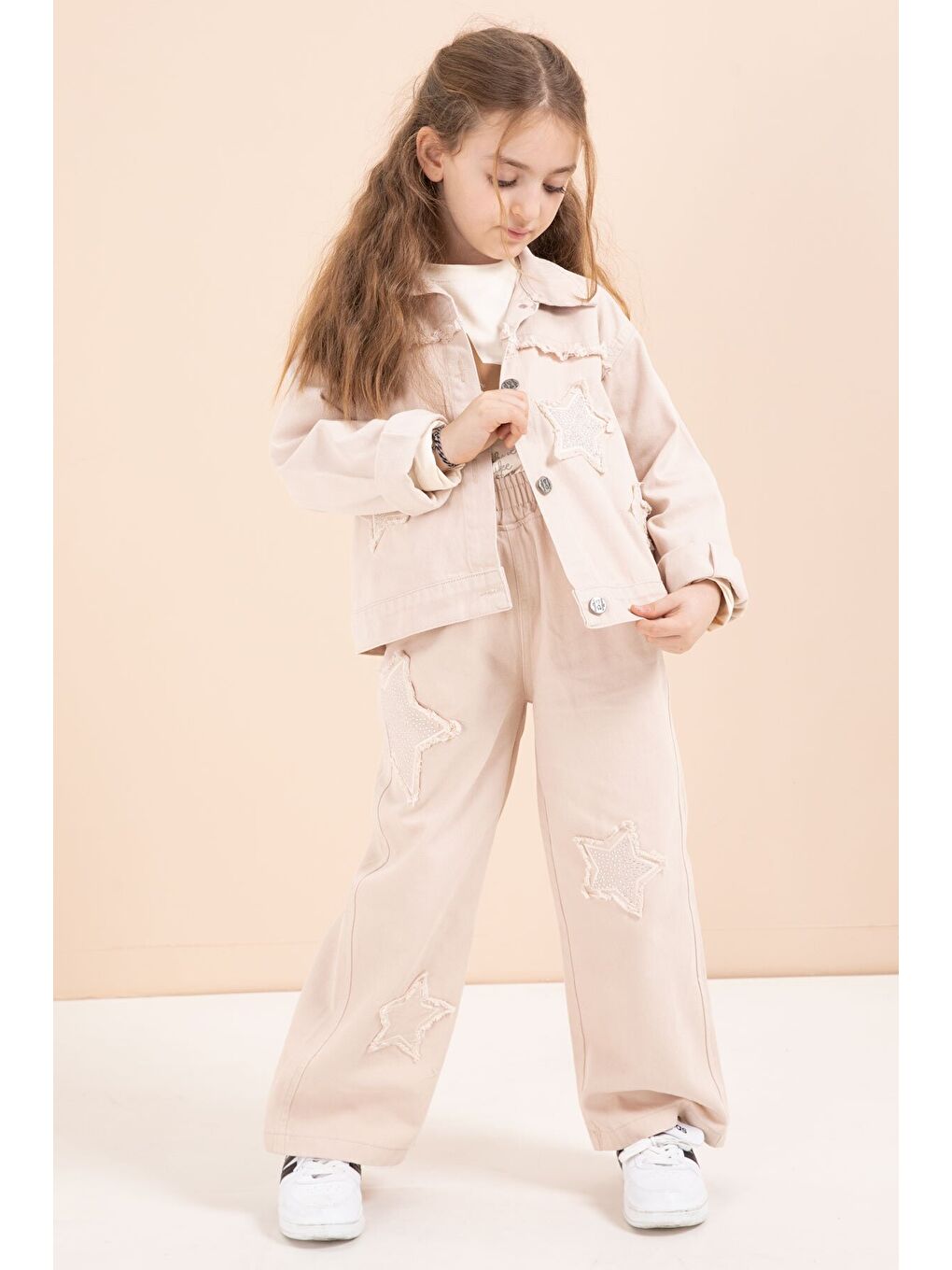Bej Taşlı Yıldız Nakışlı Jean Ceketli 3lü Pantolonlu Kız Takım 23438-3