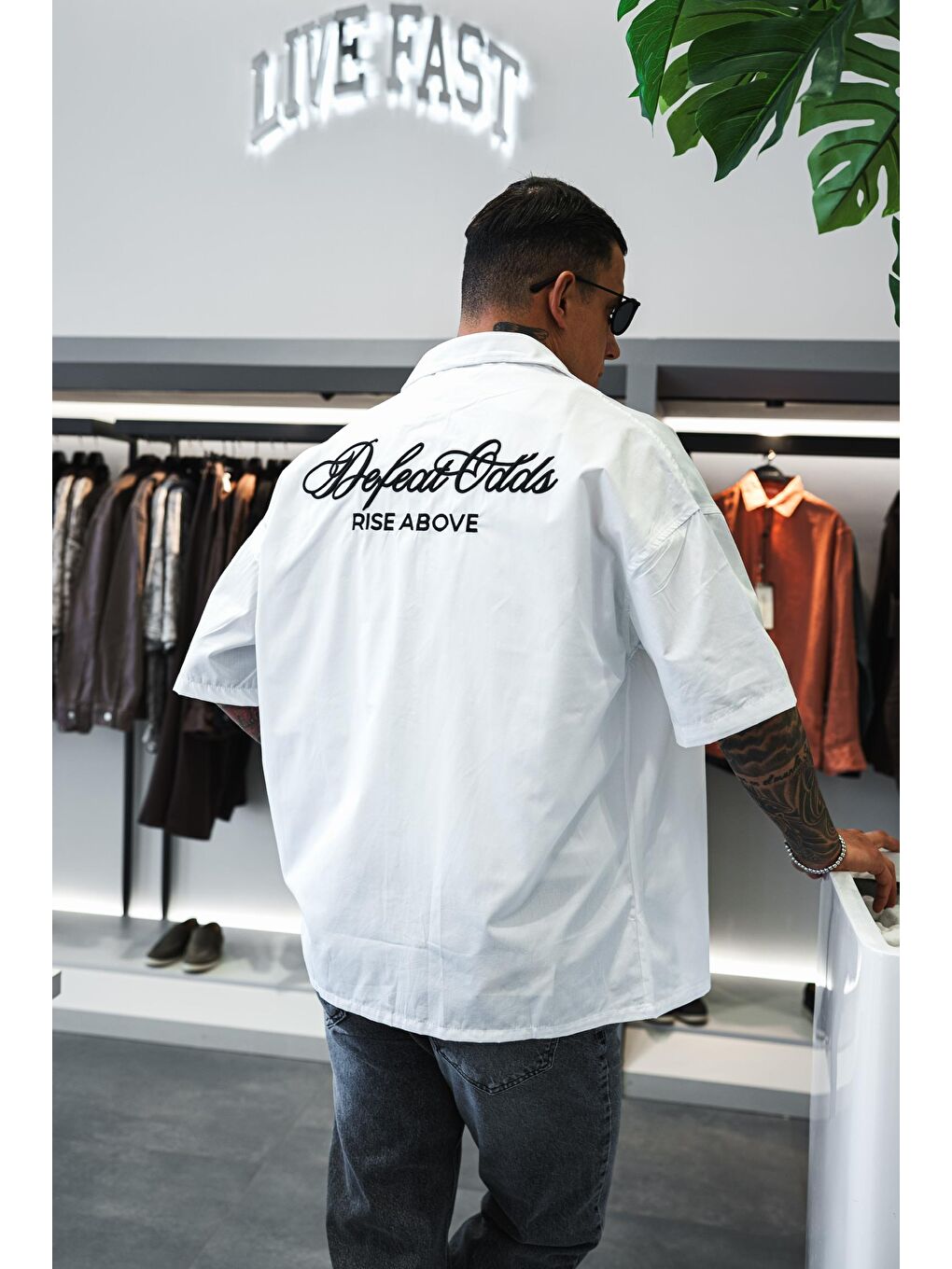 Erkek Nakışlı Kısa Kollu Oversize Gömlek Beyaz-3