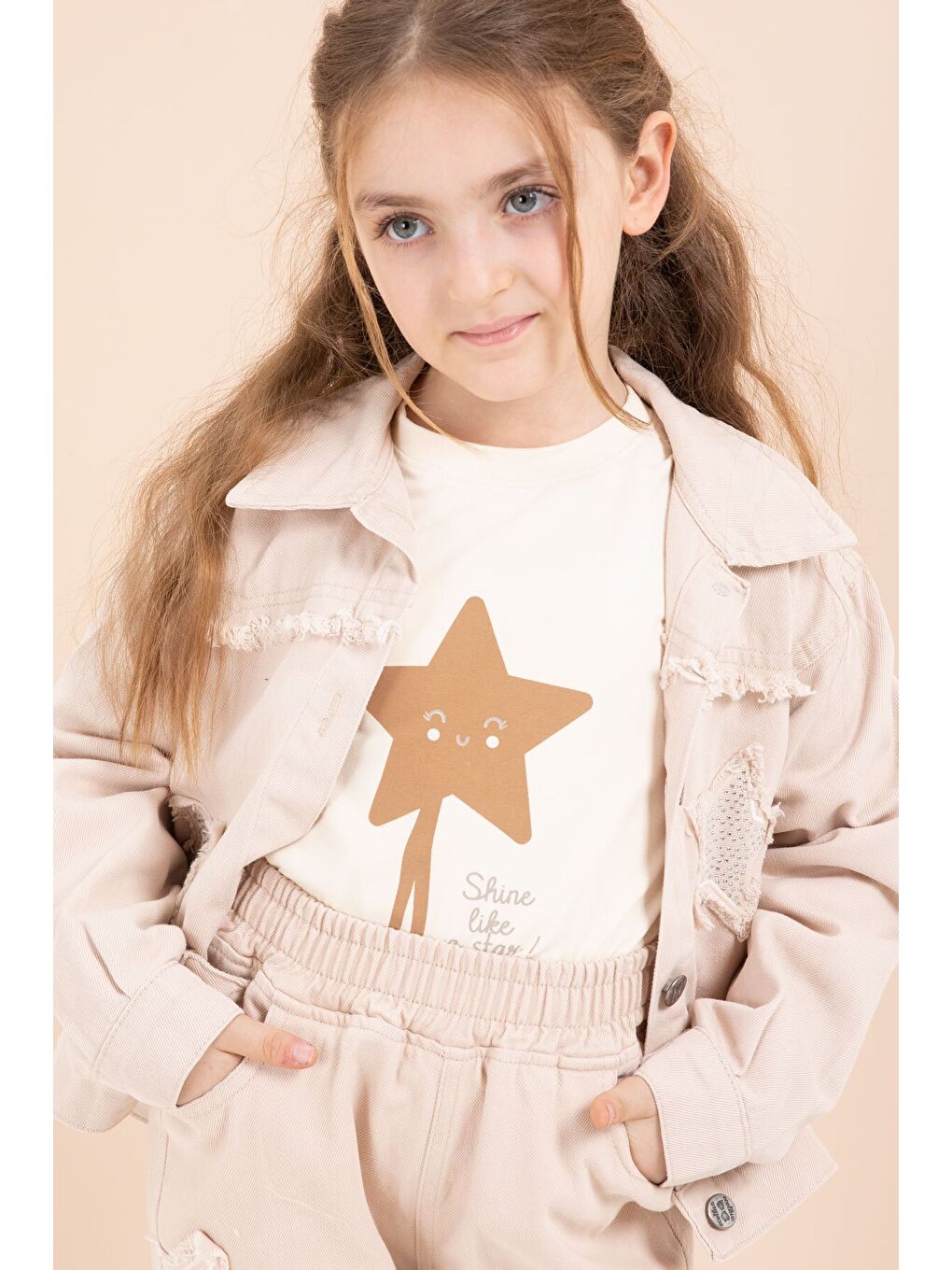 Bej Taşlı Yıldız Nakışlı Jean Ceketli 3lü Pantolonlu Kız Takım 23438-4