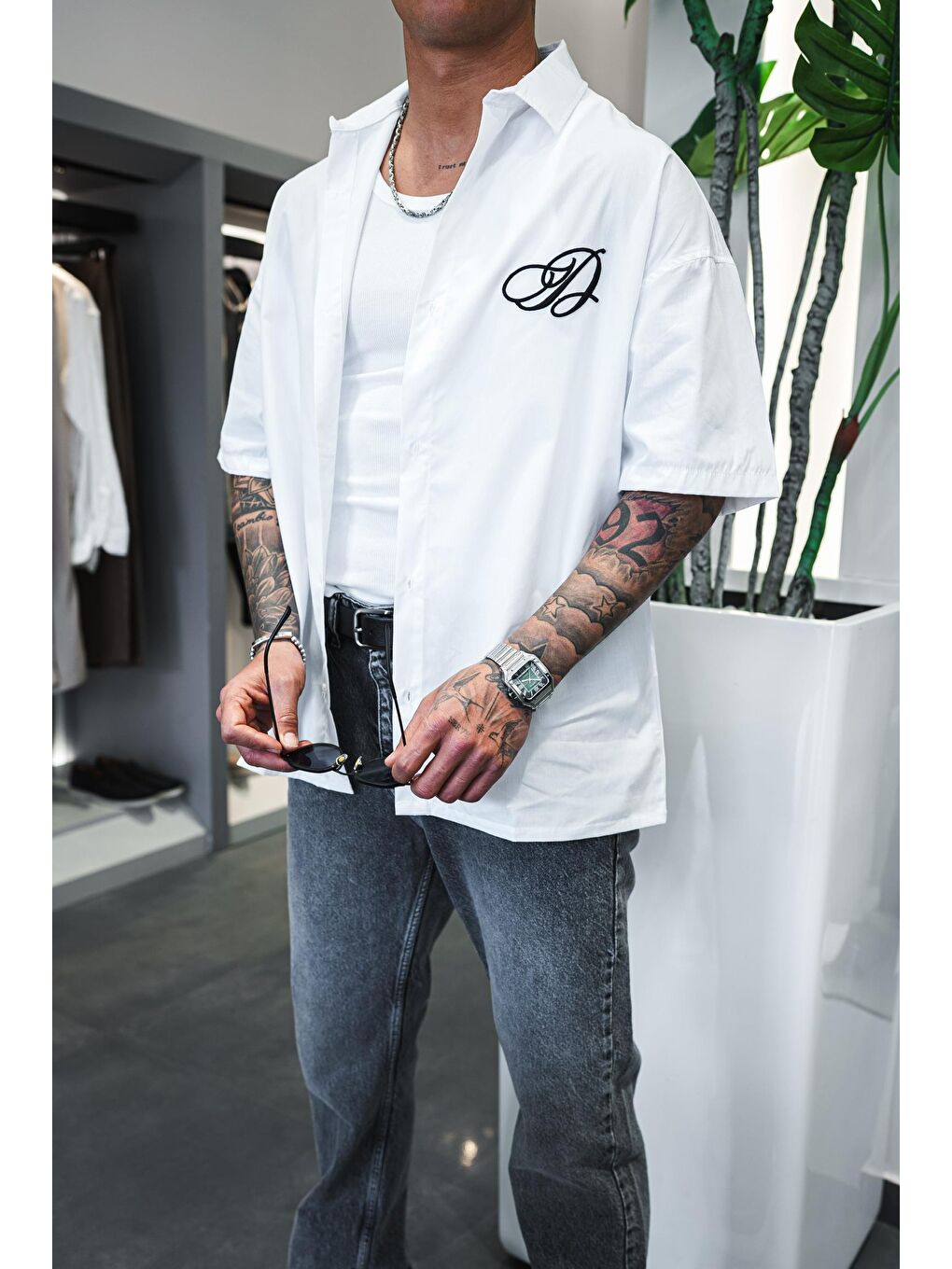 Erkek Nakışlı Kısa Kollu Oversize Gömlek Beyaz-4