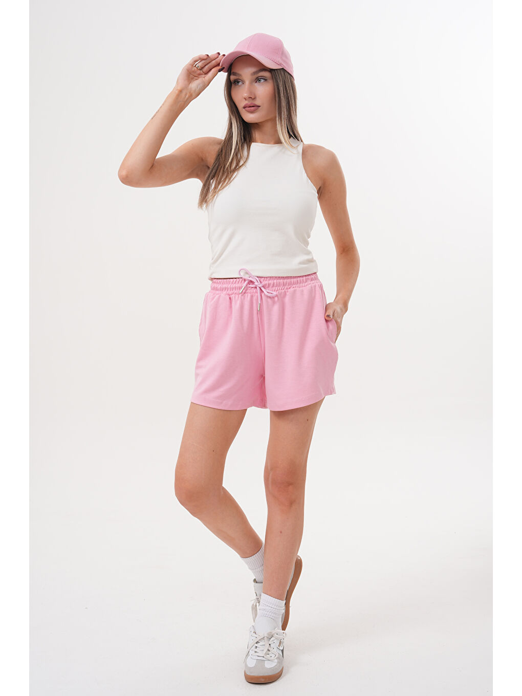 Pembe Kadın Modal Şort Beli Lastikli Cepli Şort MODAL-ŞORT-3