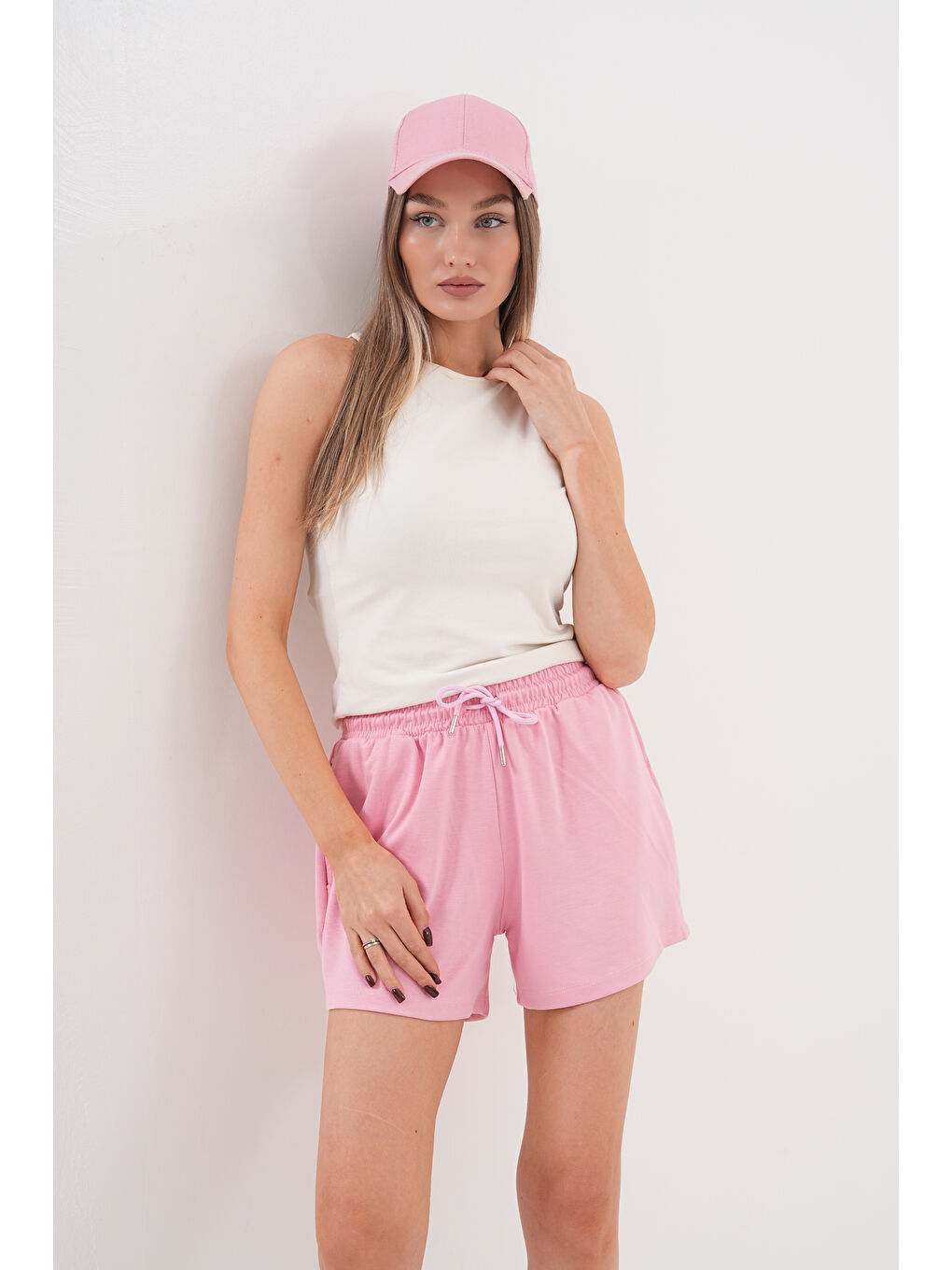 Pembe Kadın Modal Şort Beli Lastikli Cepli Şort MODAL-ŞORT-5