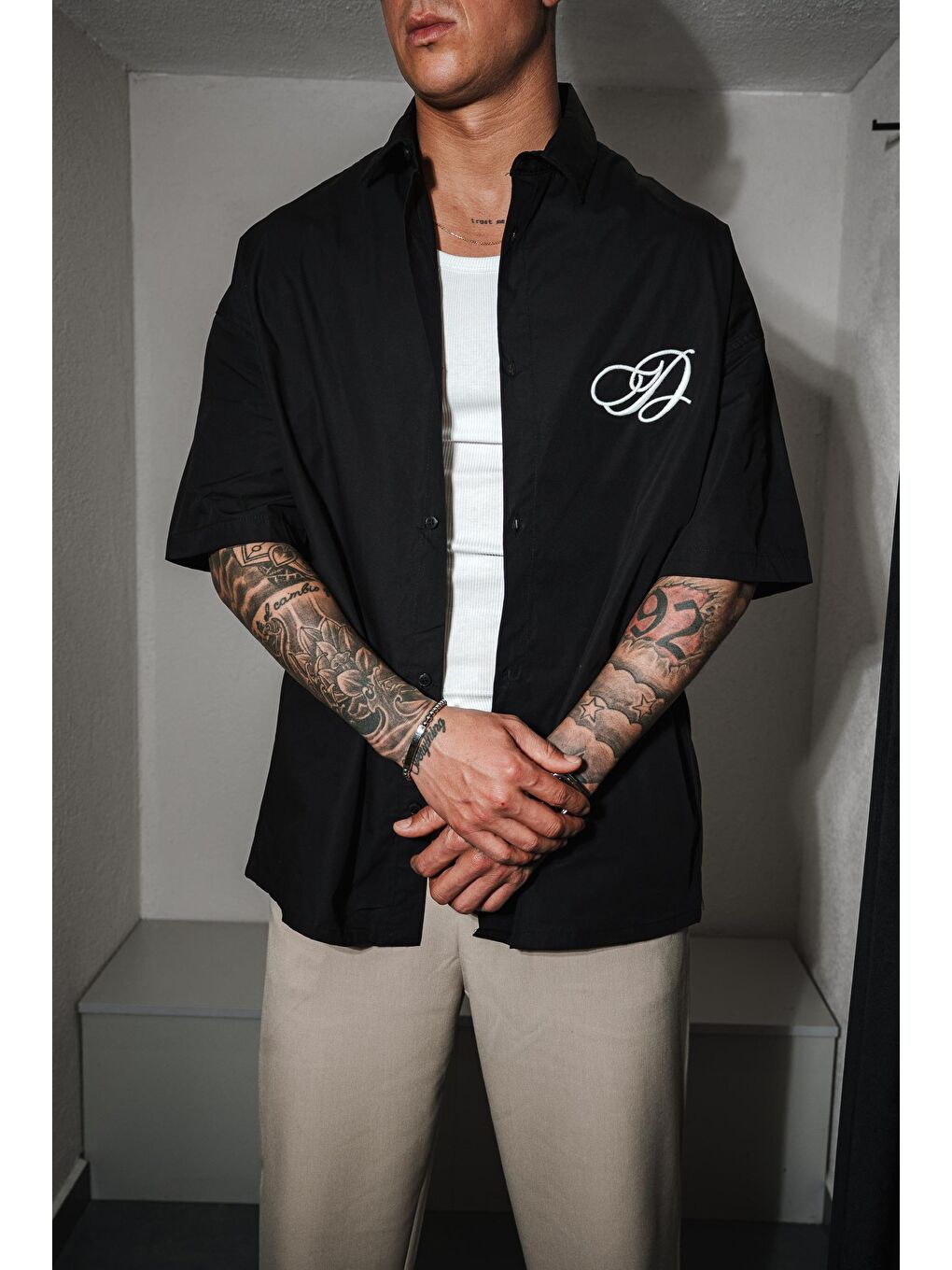 Erkek Nakışlı Kısa Kollu Oversize Gömlek Siyah-2