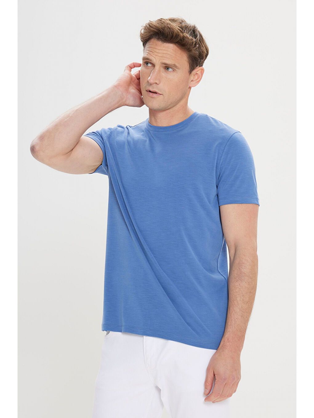 Erkek İndigo Slim Fit Dar Kesim Bisiklet Yaka Tişört