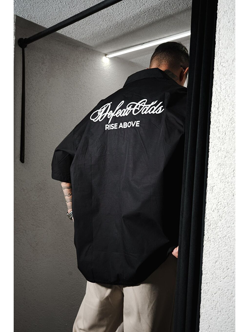 Erkek Nakışlı Kısa Kollu Oversize Gömlek Siyah-4