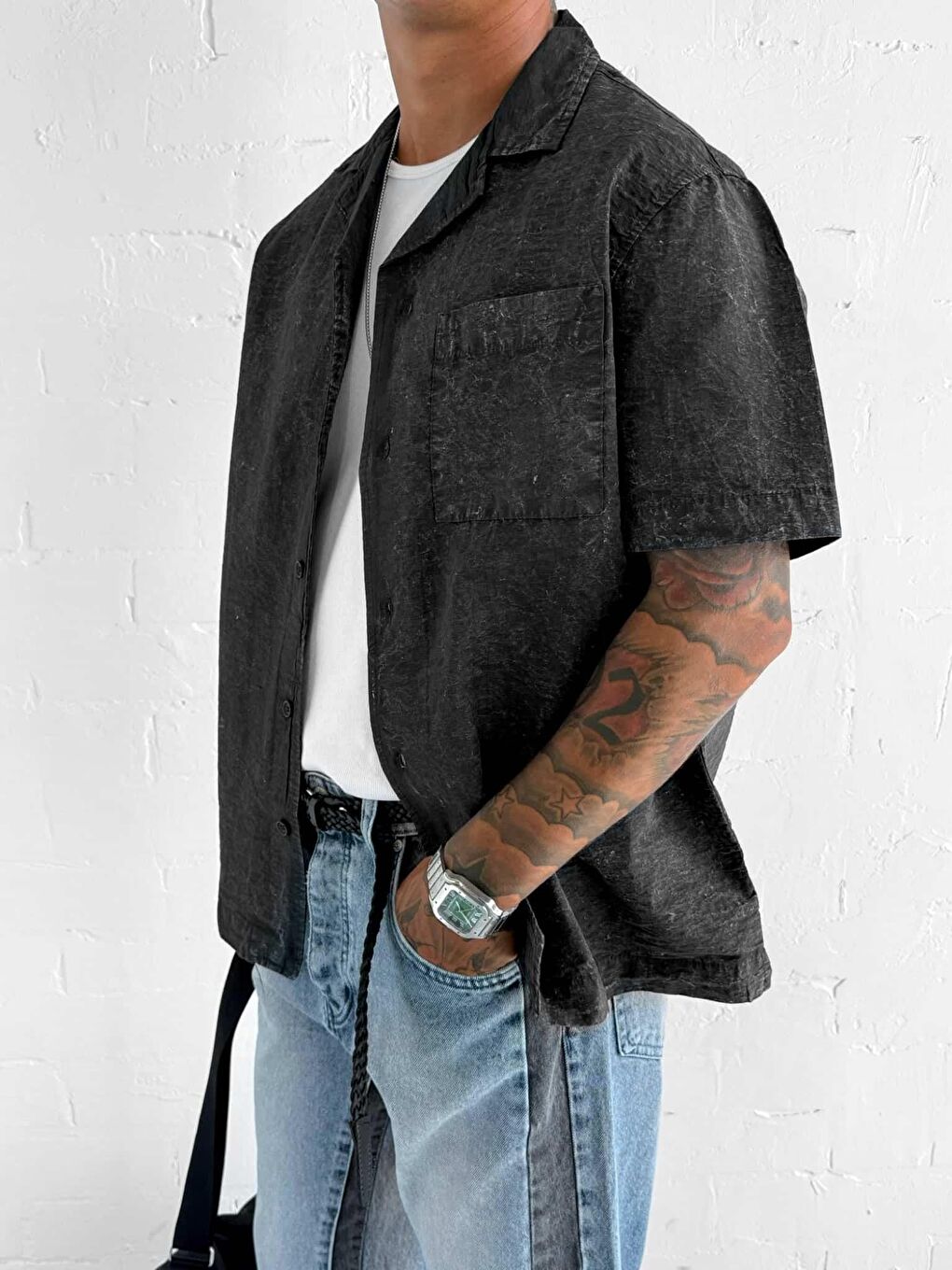 Erkek Yıkamalı Küba Yaka Oversize Kısa Kollu Gömlek Siyah-1