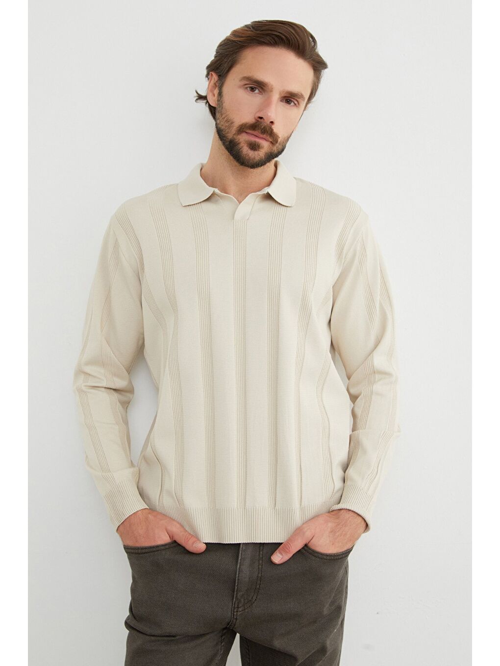 Bej Şeritli Polo Yaka Triko Kazak