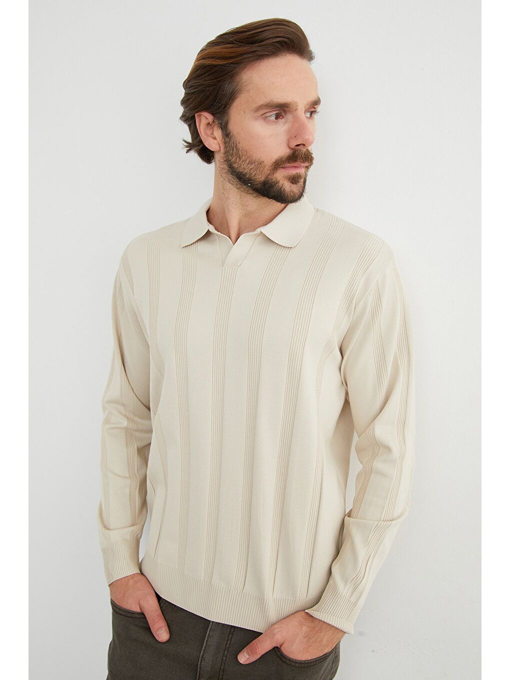 Bej Şeritli Polo Yaka Triko Kazak-1