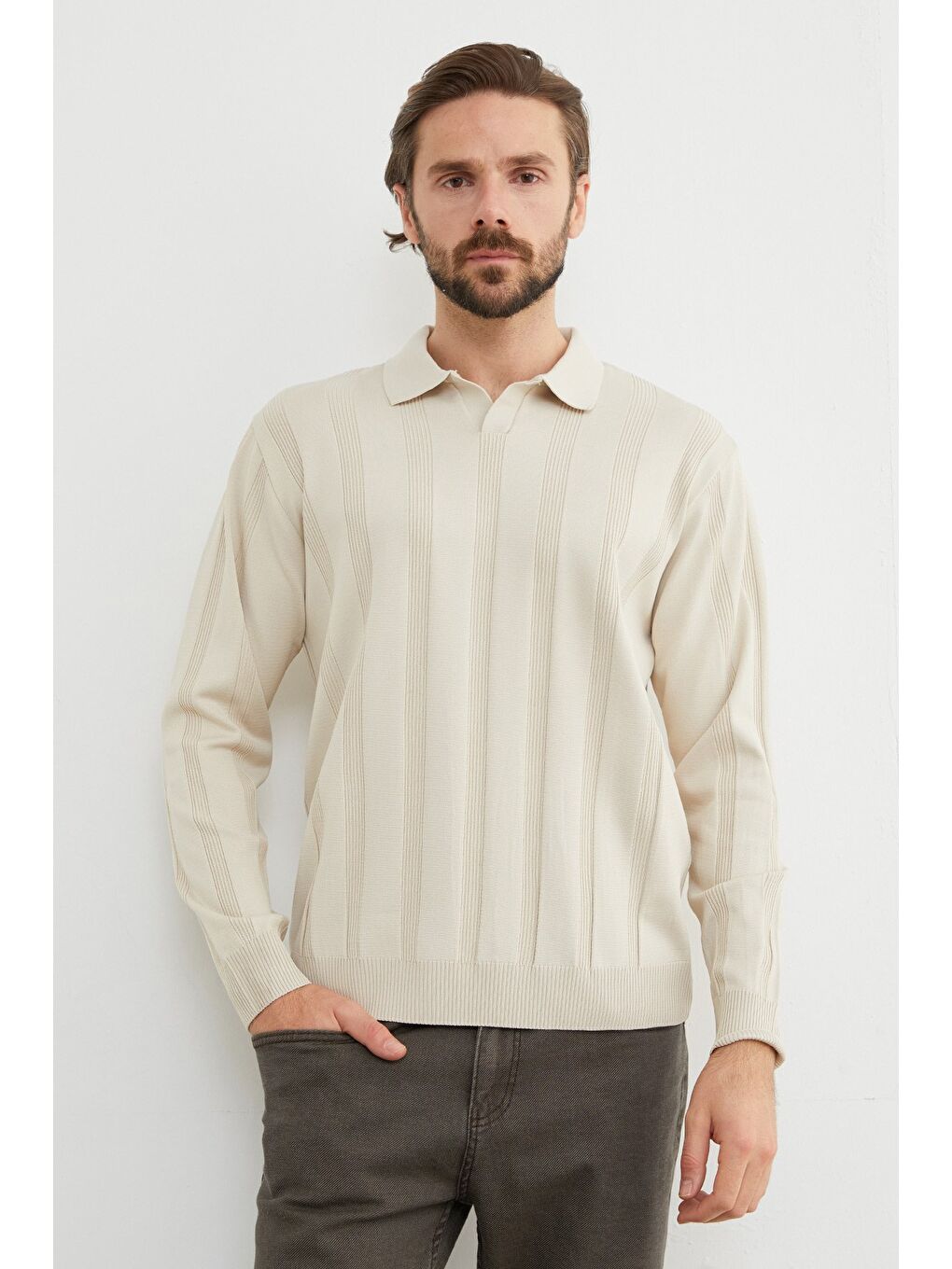 Bej Şeritli Polo Yaka Triko Kazak-2