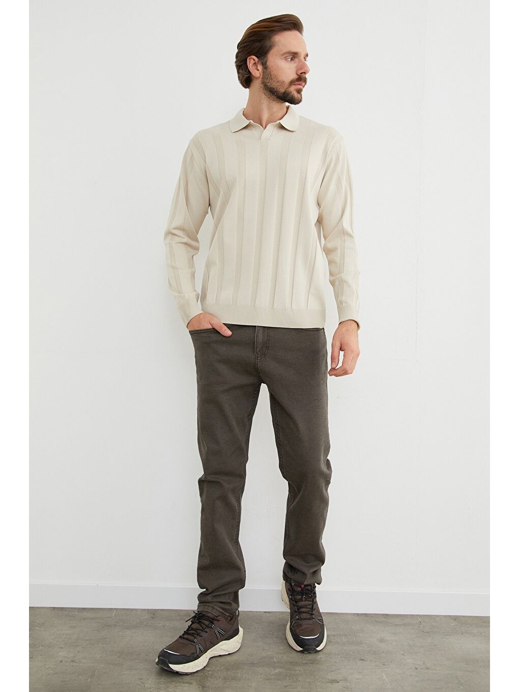 Bej Şeritli Polo Yaka Triko Kazak-3