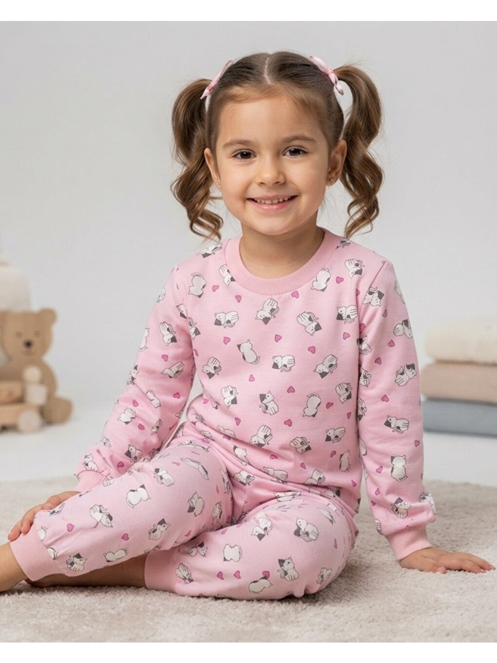 Pembe Kız Çocuk Kedi Baskılı Bisiklet Yakalı 2-3-4-5-6-7-8-9 Yaş %100 Pamuklu Alt Üst Pijama Takımı
