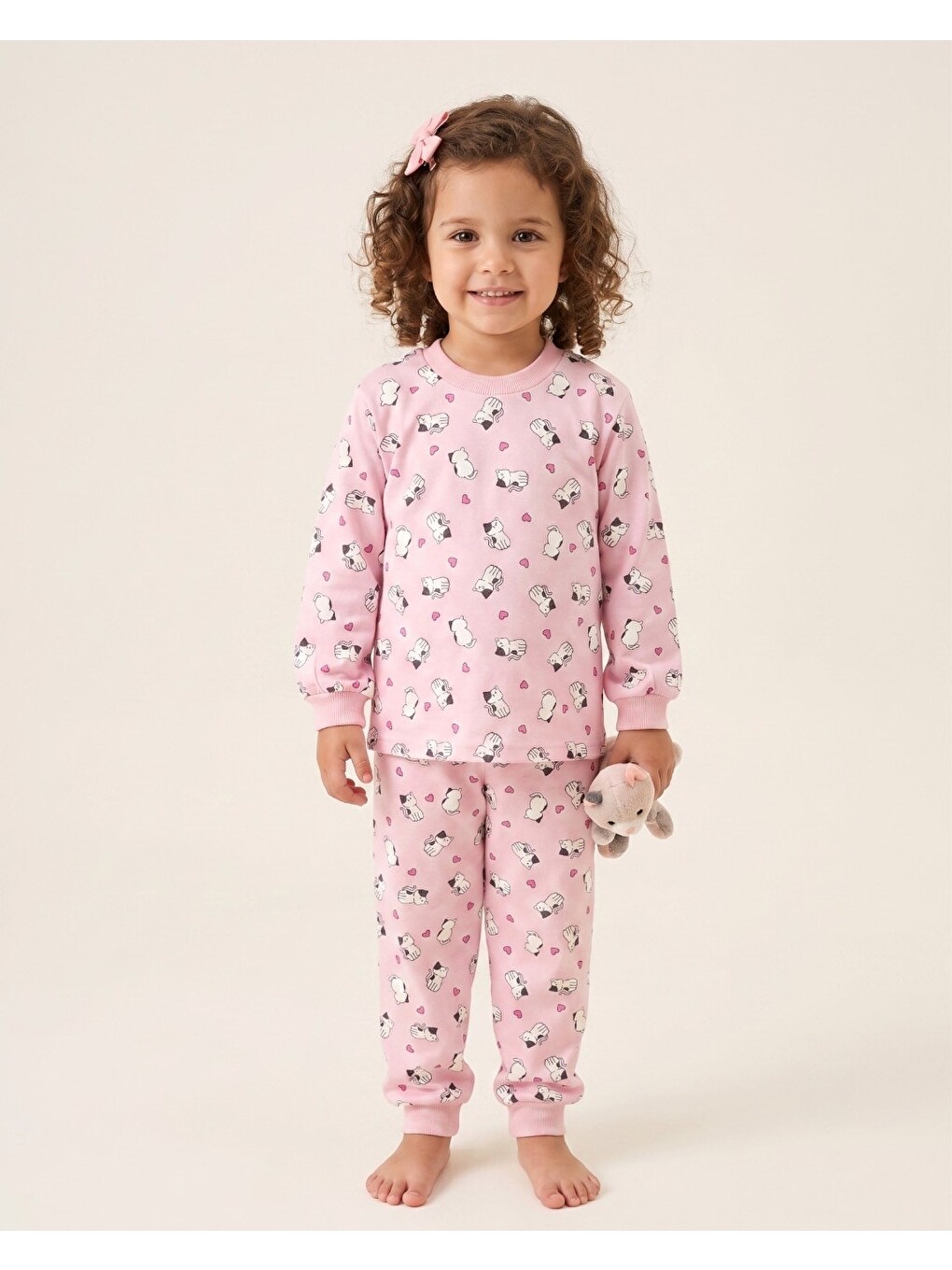 Pembe Kız Çocuk Kedi Baskılı Bisiklet Yakalı 2-3-4-5-6-7-8-9 Yaş %100 Pamuklu Alt Üst Pijama Takımı-1