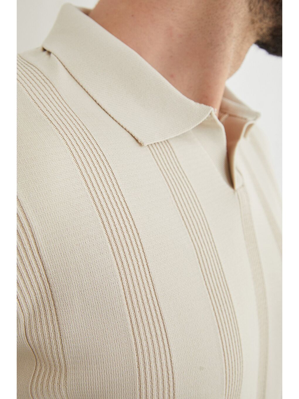 Bej Şeritli Polo Yaka Triko Kazak-4