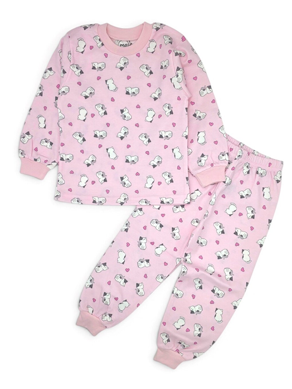Pembe Kız Çocuk Kedi Baskılı Bisiklet Yakalı 2-3-4-5-6-7-8-9 Yaş %100 Pamuklu Alt Üst Pijama Takımı-2
