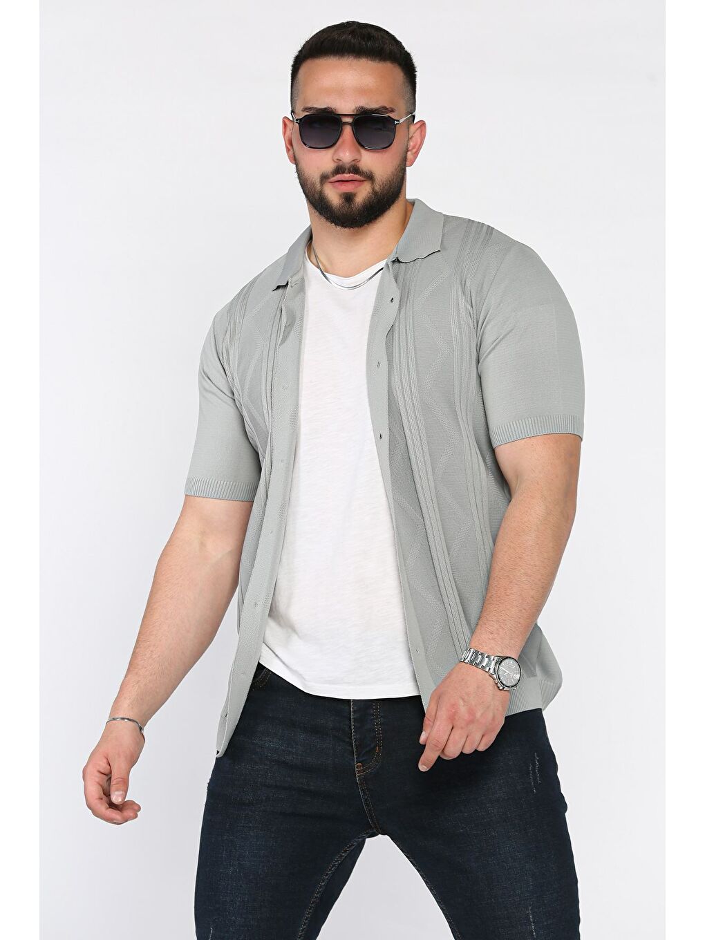 Gri Erkek Desenli Kısa Kol Triko Gömlek