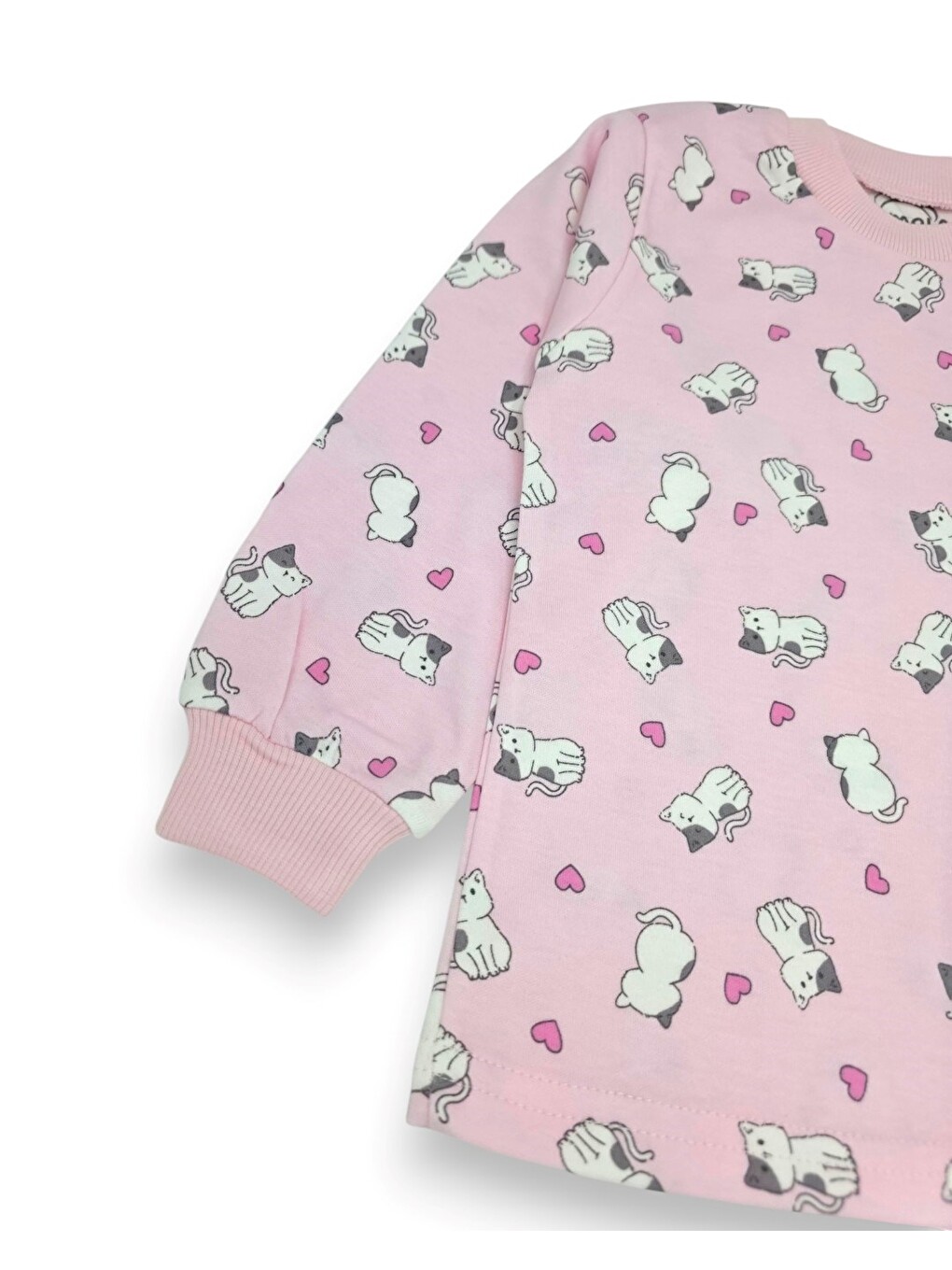 Pembe Kız Çocuk Kedi Baskılı Bisiklet Yakalı 2-3-4-5-6-7-8-9 Yaş %100 Pamuklu Alt Üst Pijama Takımı-3