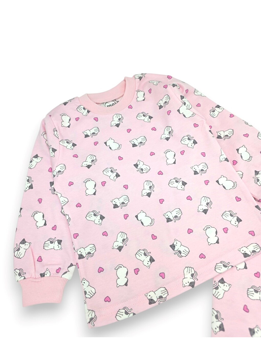 Pembe Kız Çocuk Kedi Baskılı Bisiklet Yakalı 2-3-4-5-6-7-8-9 Yaş %100 Pamuklu Alt Üst Pijama Takımı-4