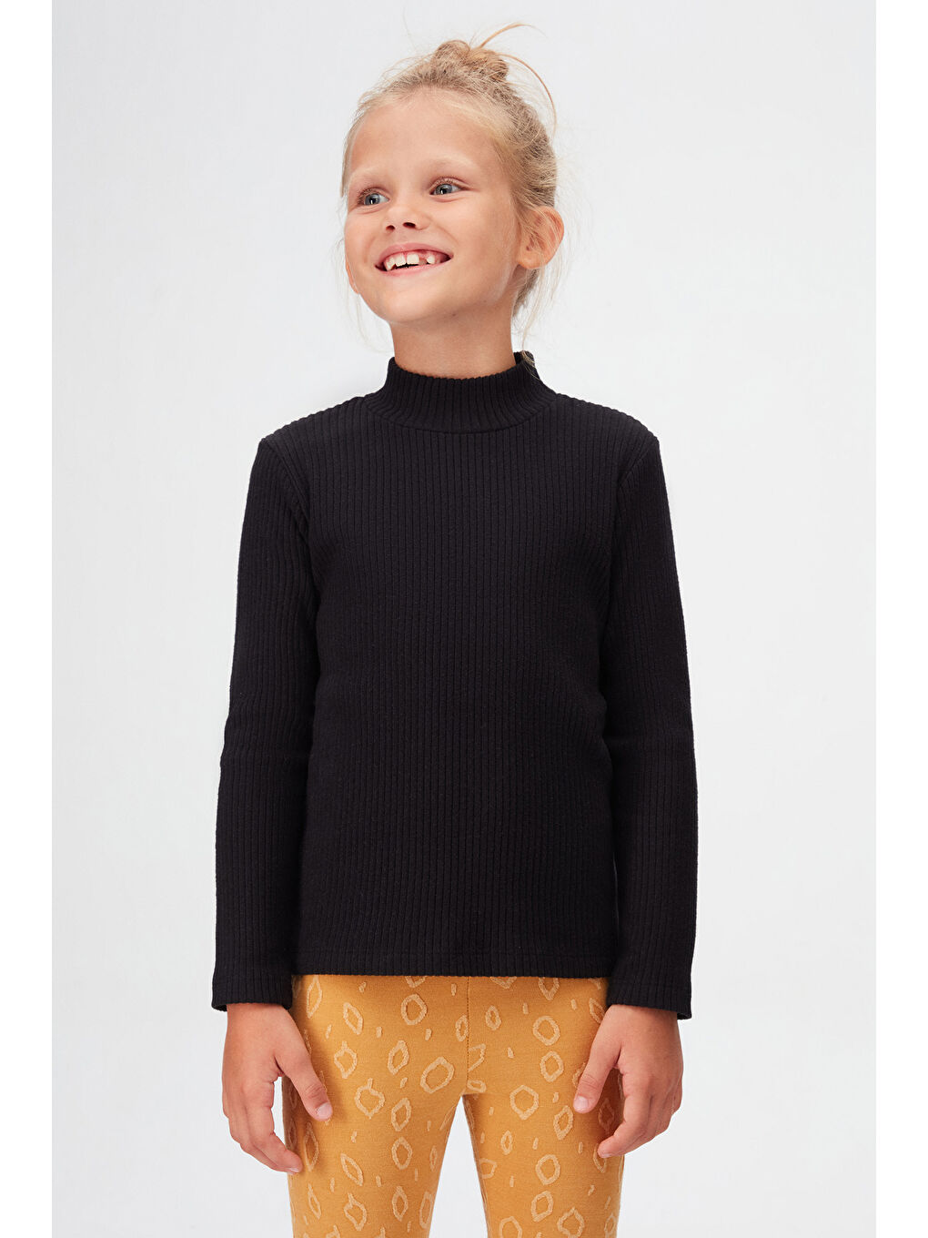 Siyah Kız Çocuk Yarım Balıkçı Kaşkorse Uzun Kol Tişört-1