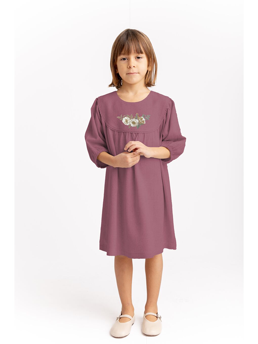 Robadan Kopanakili Nakışlı Keten Elbise 2-7 Yaş Mürdüm