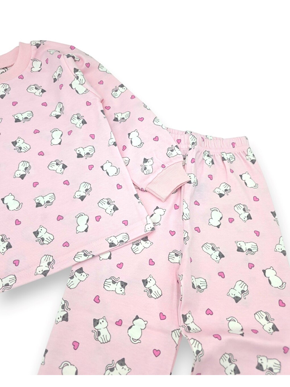 Pembe Kız Çocuk Kedi Baskılı Bisiklet Yakalı 2-3-4-5-6-7-8-9 Yaş %100 Pamuklu Alt Üst Pijama Takımı-5