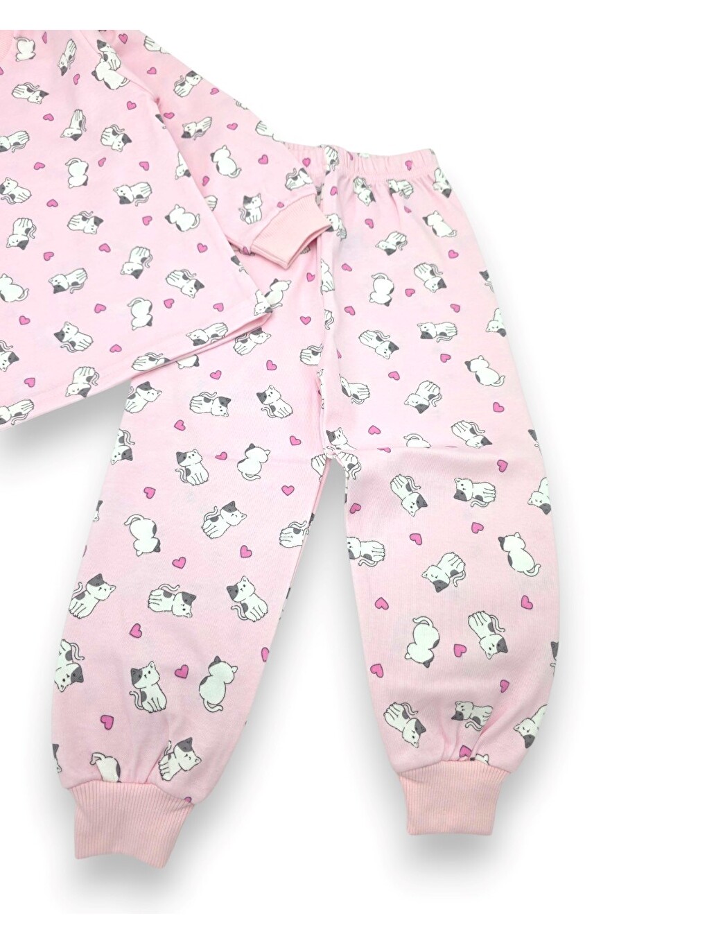 Pembe Kız Çocuk Kedi Baskılı Bisiklet Yakalı 2-3-4-5-6-7-8-9 Yaş %100 Pamuklu Alt Üst Pijama Takımı-6