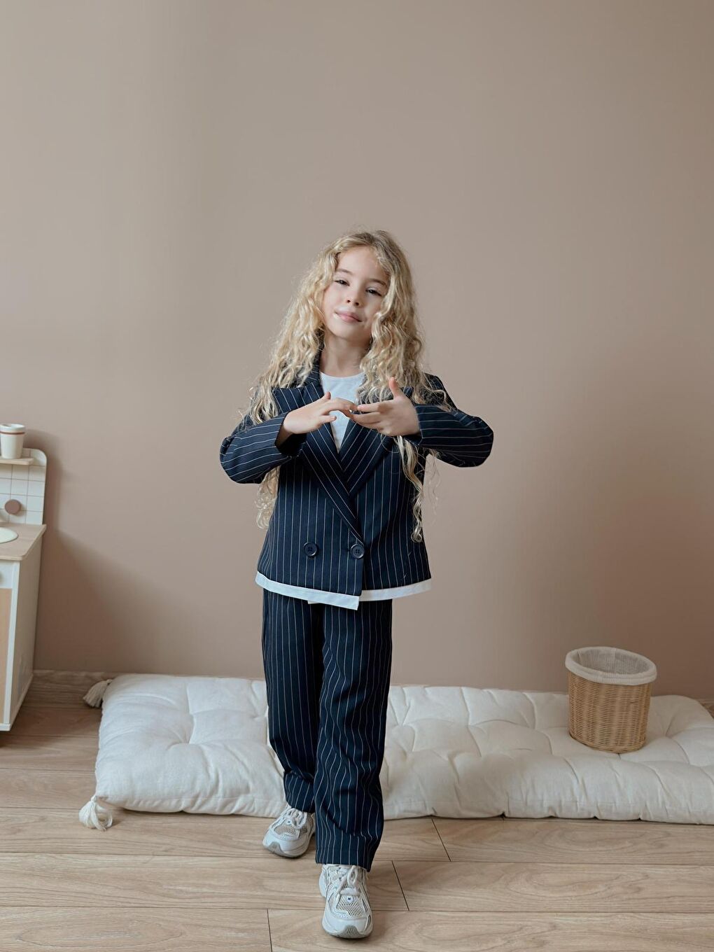 Kız Çocuk Çizgili Pantolon Ceket Siyah Alt Üst Takım-1