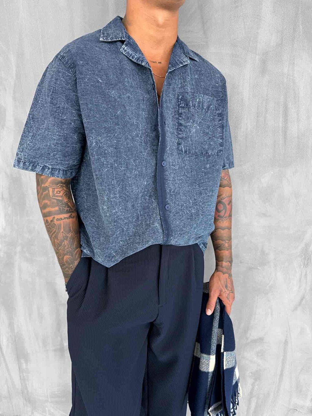 Erkek Yıkamalı Küba Yaka Oversize Kısa Kollu Gömlek Lacivert-1