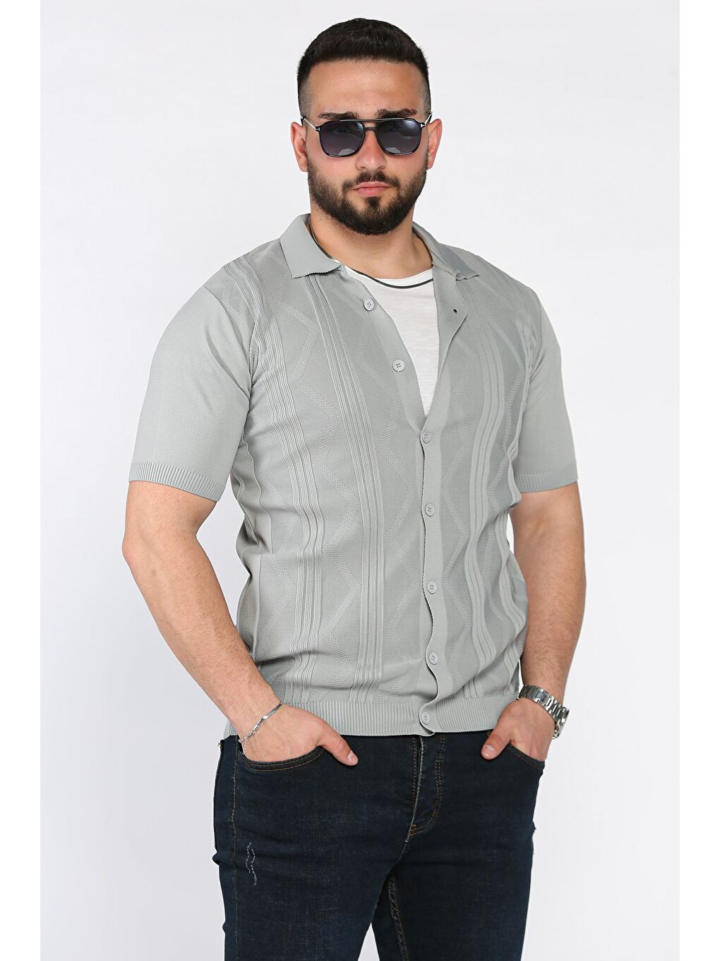 Gri Erkek Desenli Kısa Kol Triko Gömlek-1