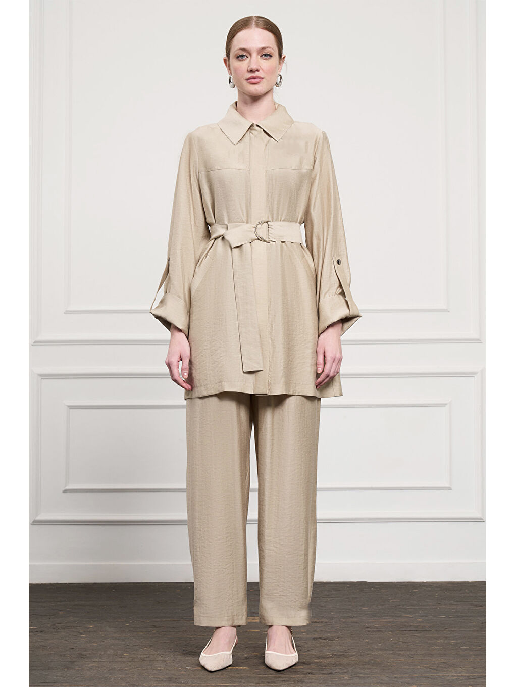 Bej Kemer Detay Pantolonlu Takım 1050 Vizon