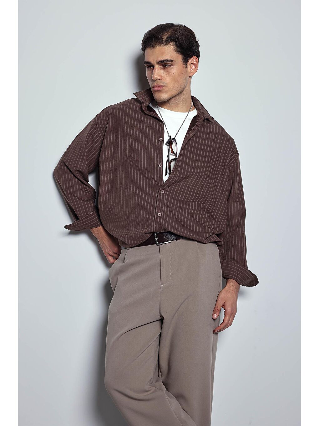 Erkek Oversize Çizgili Uzun Kollu Gömlek Kahverengi