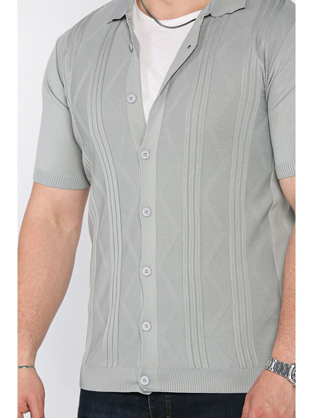 Gri Erkek Desenli Kısa Kol Triko Gömlek-3