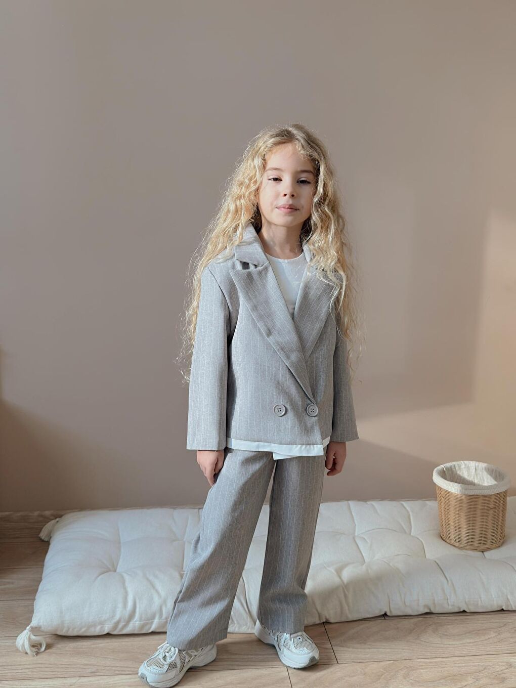 Kız Çocuk Çizgili Pantolon Ceket Gri Alt Üst Takım-1
