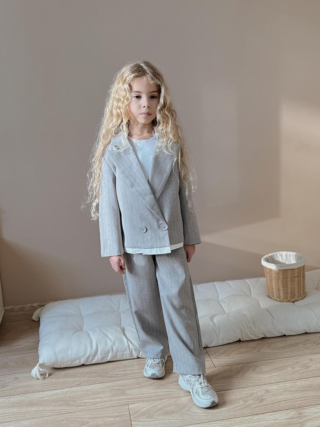 Kız Çocuk Çizgili Pantolon Ceket Gri Alt Üst Takım-2