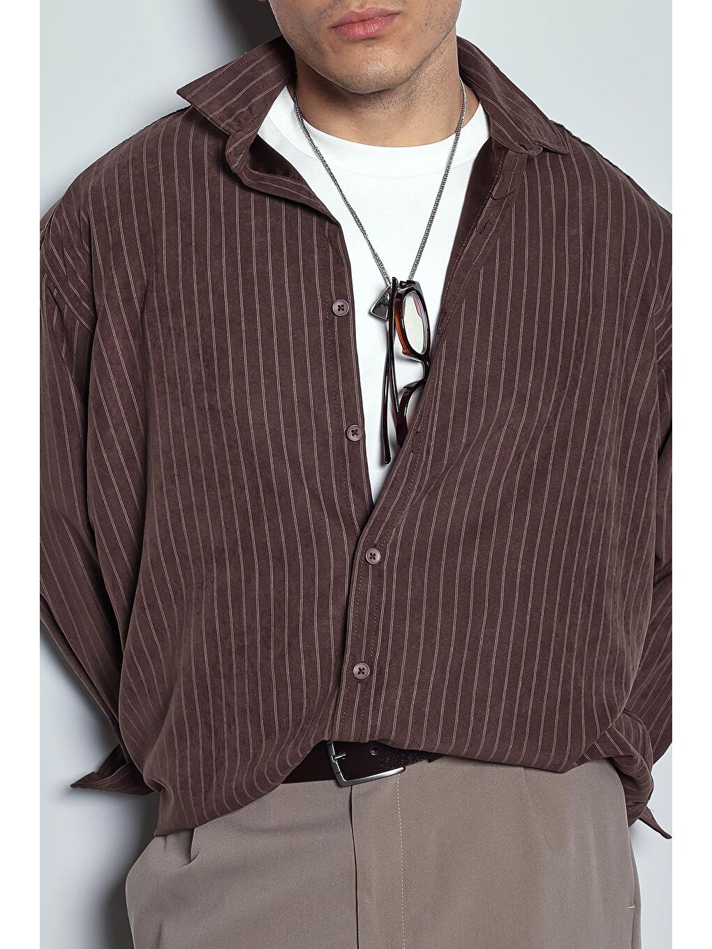 Erkek Oversize Çizgili Uzun Kollu Gömlek Kahverengi-1