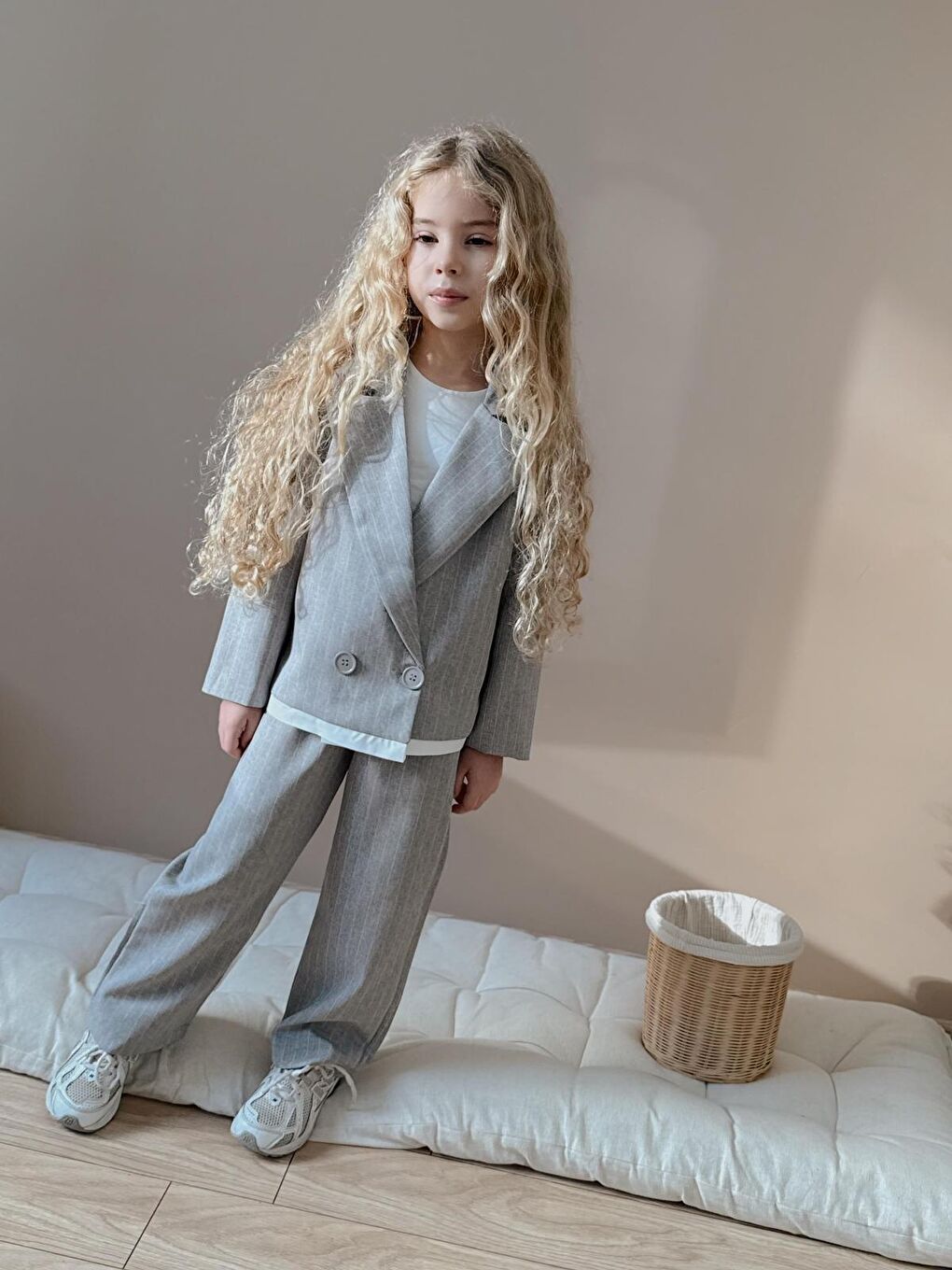 Kız Çocuk Çizgili Pantolon Ceket Gri Alt Üst Takım-3