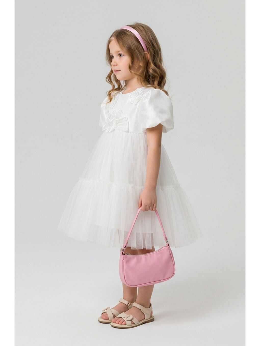 Ekru Kız Çocuk Çiçek Aksesuarlı Abiye-1