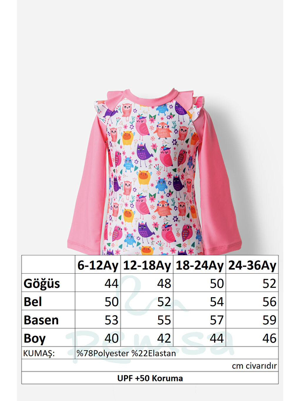 Pembe UV Korumalı Uzun Kollu Kız Çocuk Tulum Yüzücü Mayo 5106 Pudra-3
