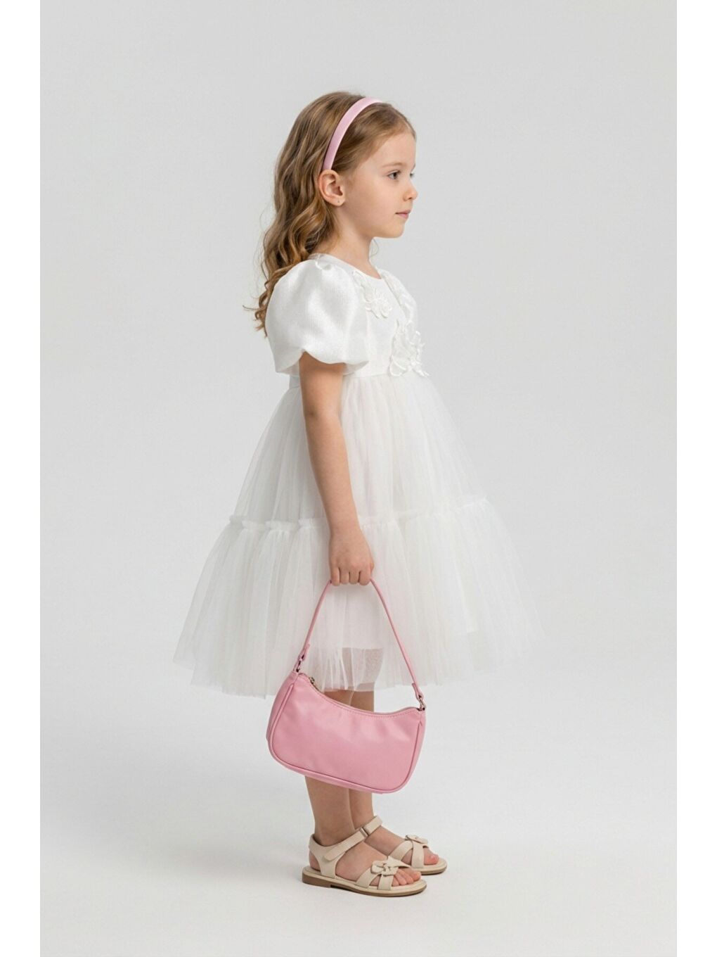 Ekru Kız Çocuk Çiçek Aksesuarlı Abiye-2