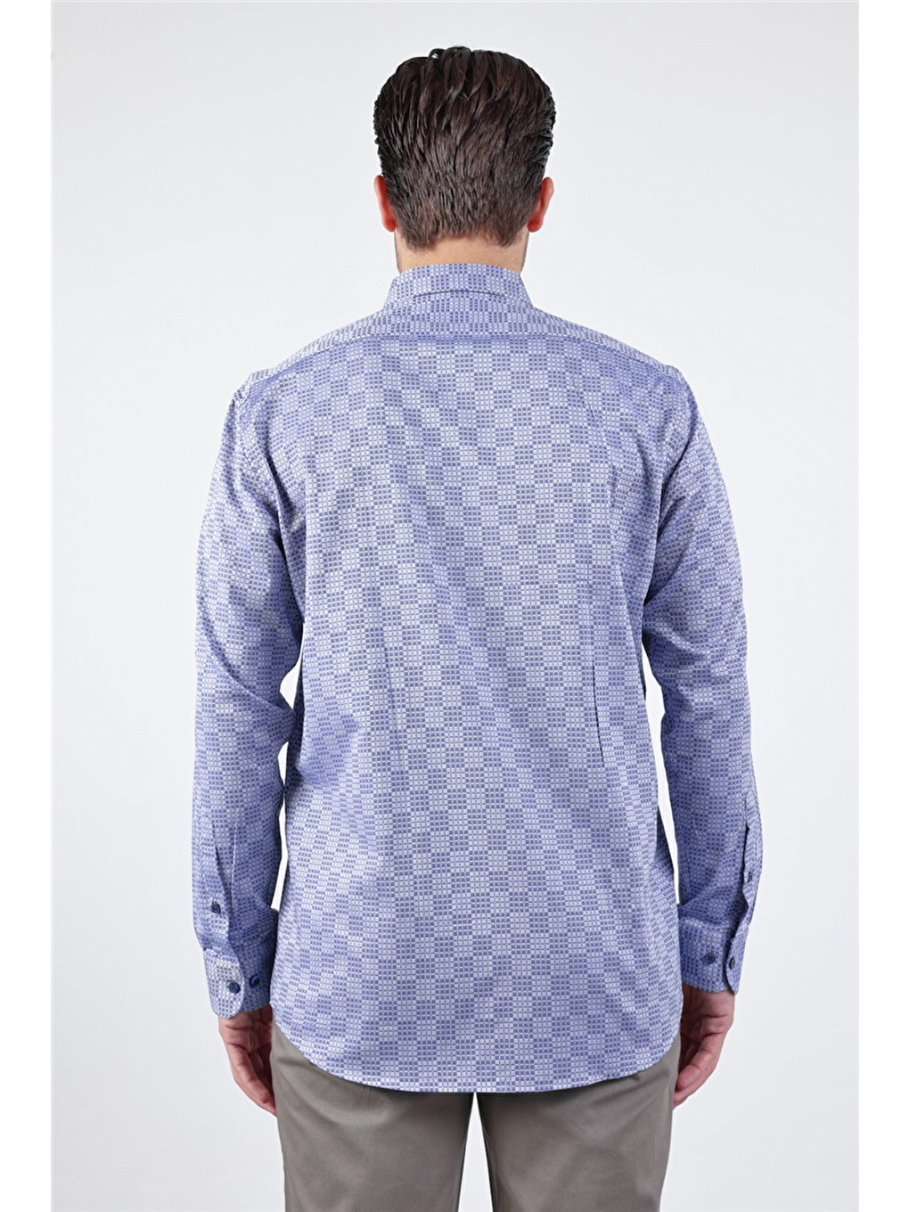 Lacivert - Mavi Düğmeli Yaka Uzun Kol Cepli Comfort Fit %100 Pamuk Gömlek 1004260173-4