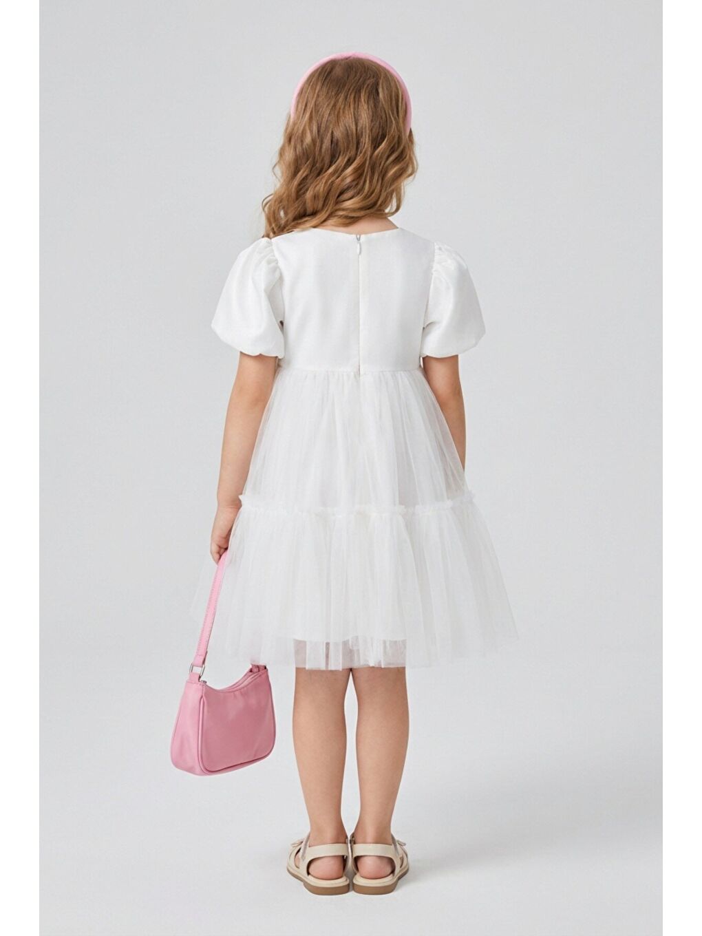 Ekru Kız Çocuk Çiçek Aksesuarlı Abiye-3