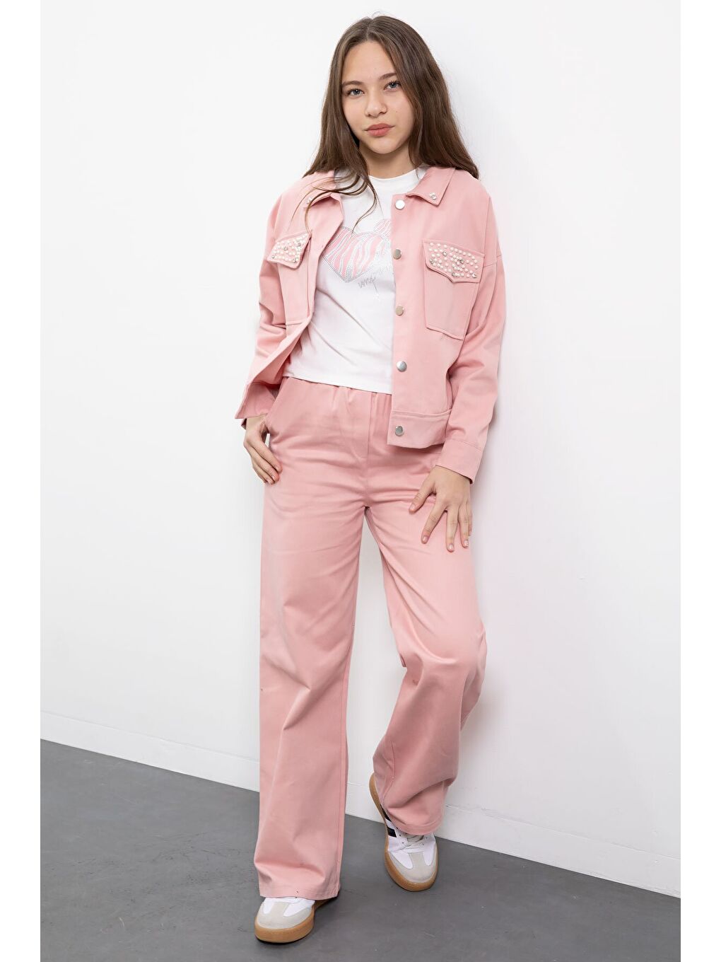 Pembe İnci Detaylı Jean Ceketli Kız Çocuk 3lü Pantolonlu Takım 23481