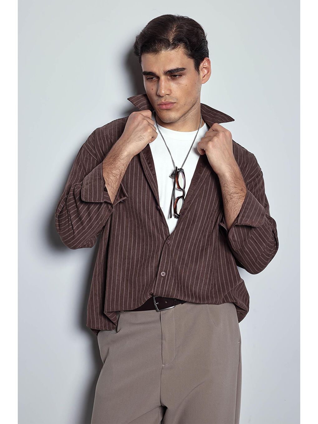 Erkek Oversize Çizgili Uzun Kollu Gömlek Kahverengi-3