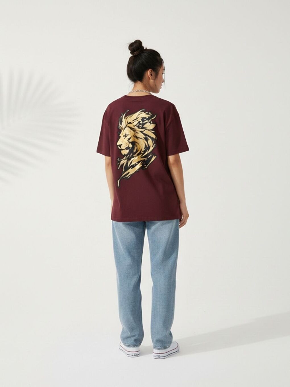 Kadın Bordo Aslan Baskılı Tişört-1