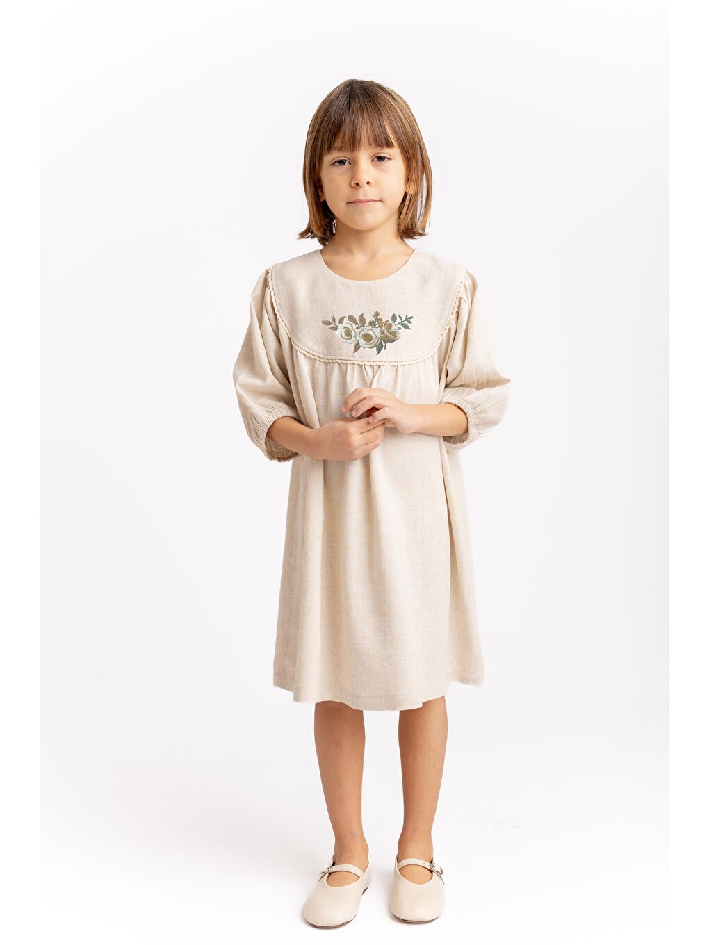 Ekru Robadan Kopanakili Nakışlı Keten Elbise 2-7 Yaş Naturel