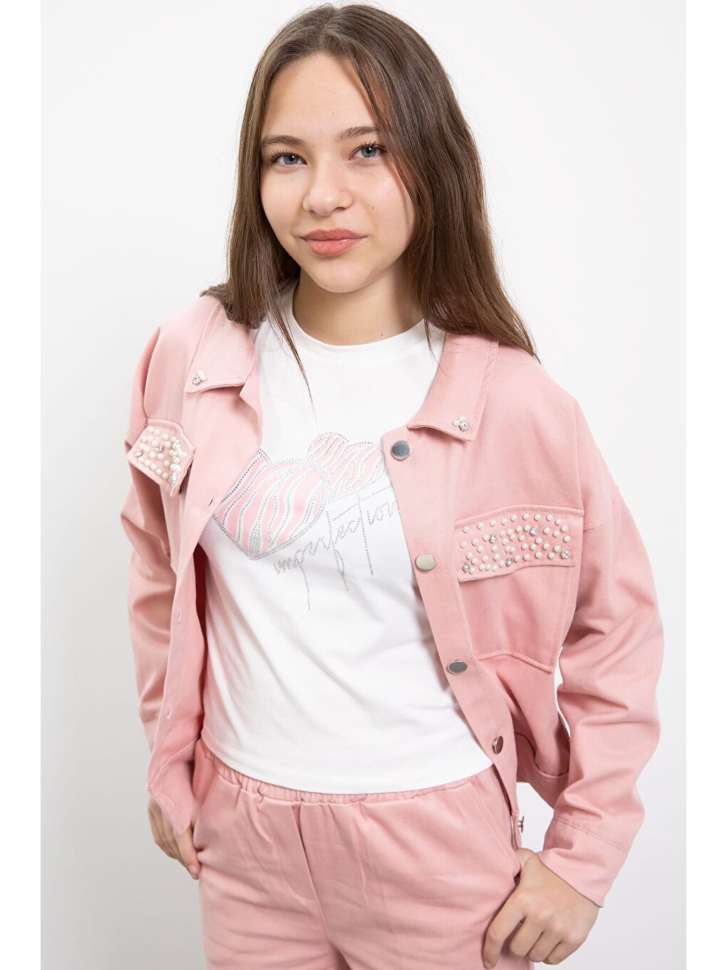 Pembe İnci Detaylı Jean Ceketli Kız Çocuk 3lü Pantolonlu Takım 23481-1