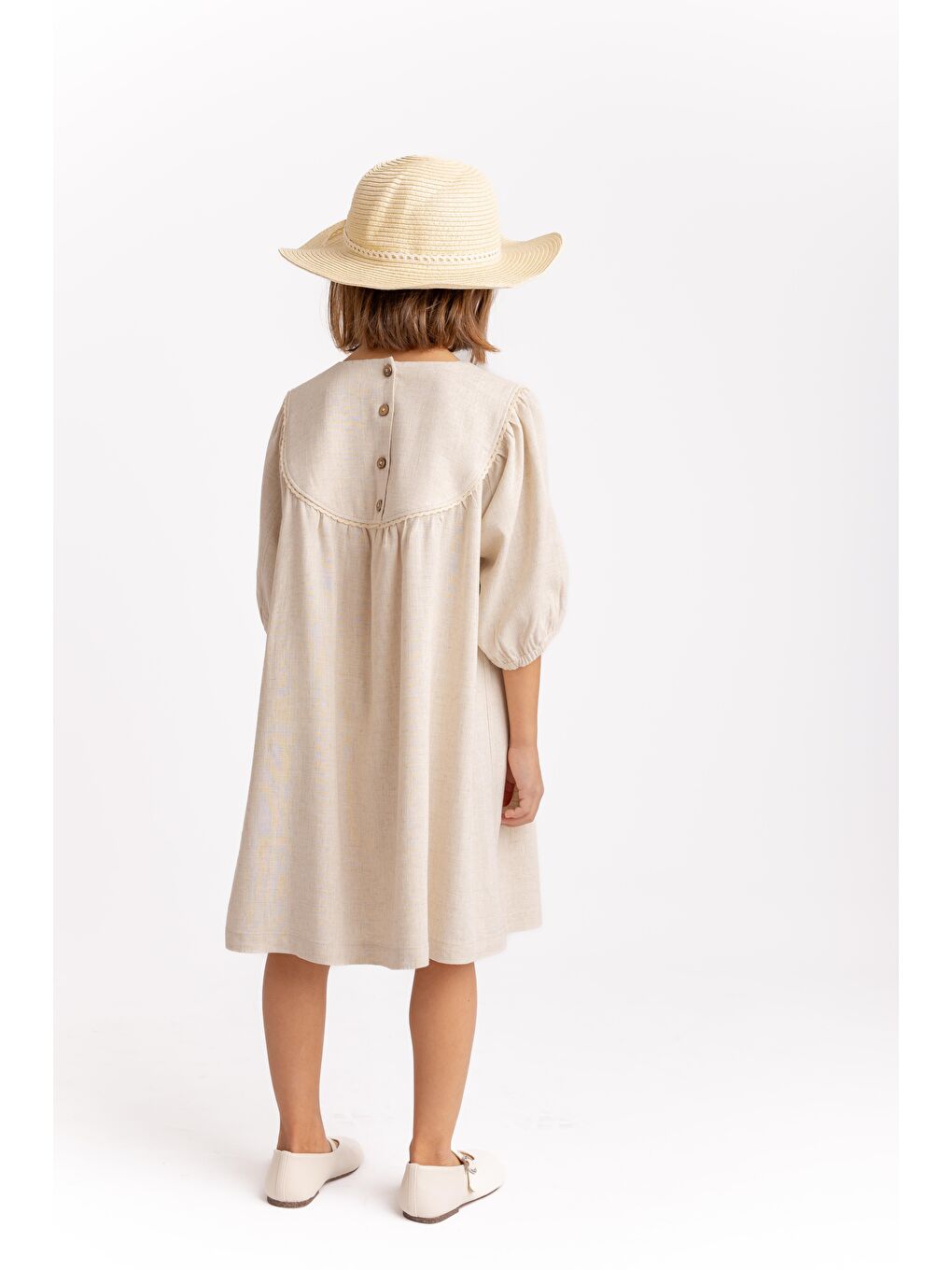 Ekru Robadan Kopanakili Nakışlı Keten Elbise 2-7 Yaş Naturel-1