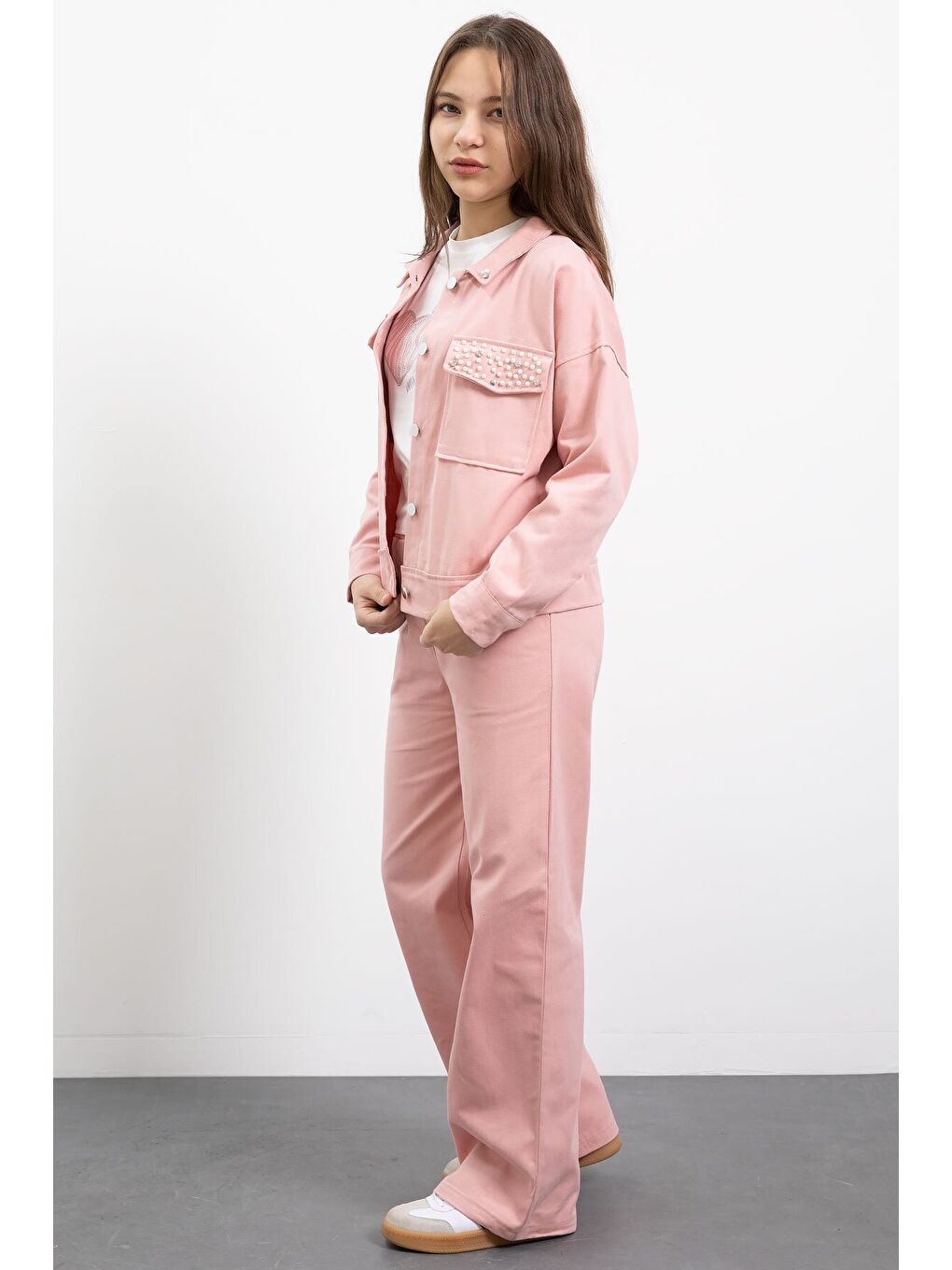 Pembe İnci Detaylı Jean Ceketli Kız Çocuk 3lü Pantolonlu Takım 23481-2